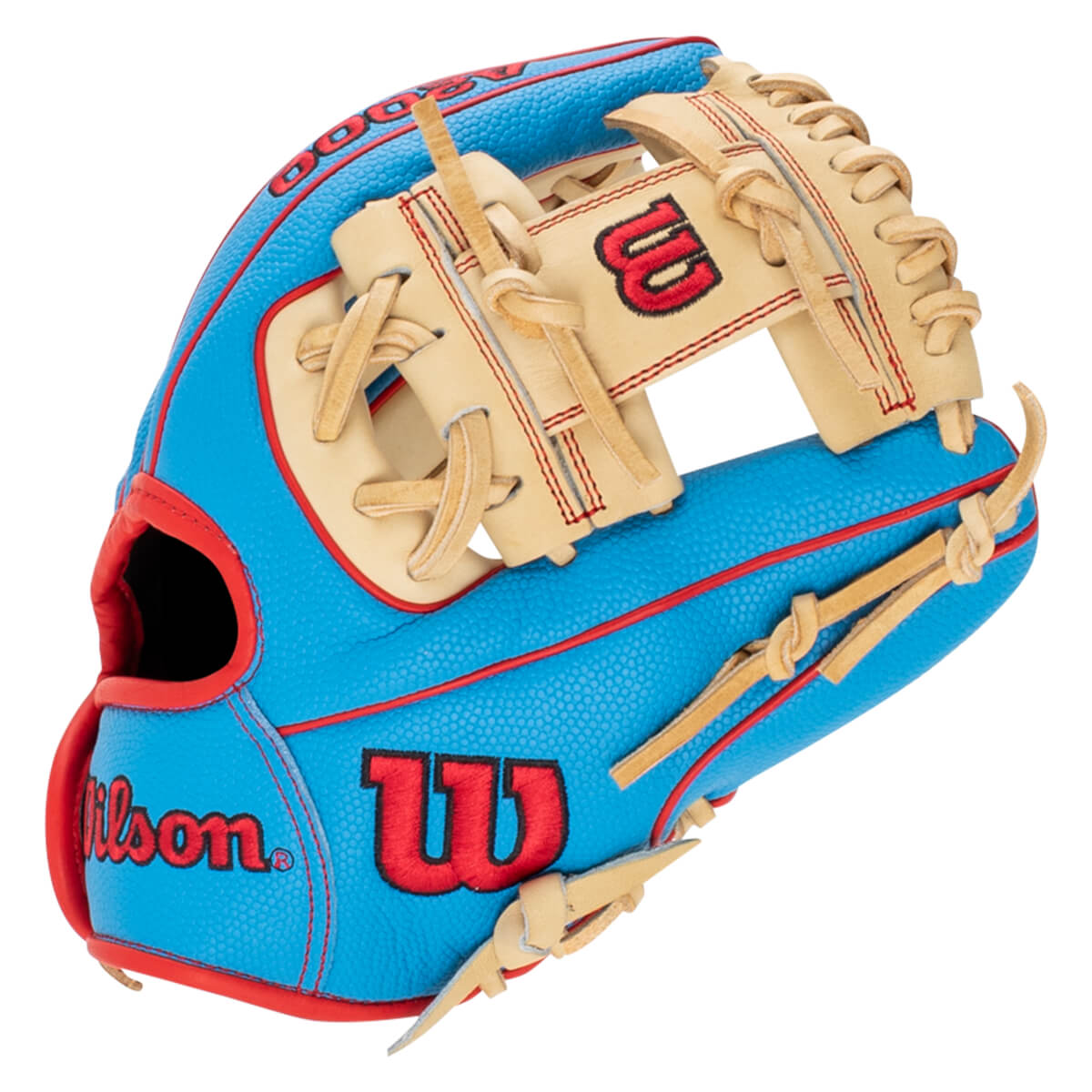 Front view of a blue baseball glove with red trim, featuring a red "W" logo and "Wilson" text.
