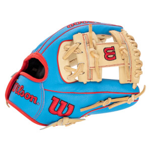 Side view of a blue Wilson baseball glove with red trim, a red "W" logo, and "Wilson" script.
