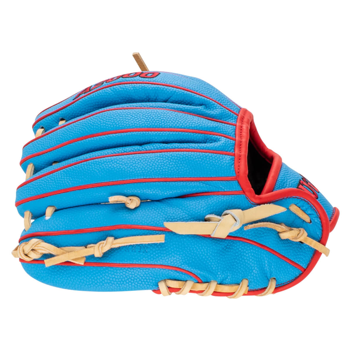 Side view of a blue baseball glove with red lacing and a tan leather lace-up closure.
