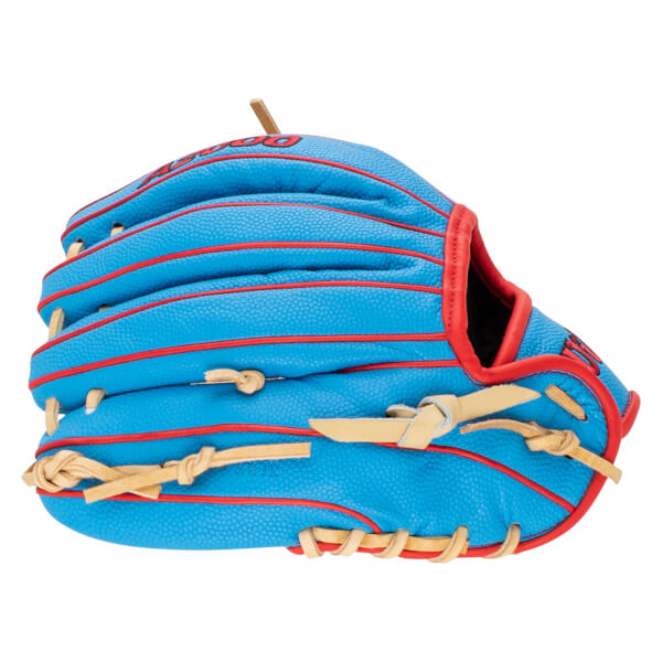 Side view of a blue baseball glove with red lacing and a tan leather lace-up closure.
