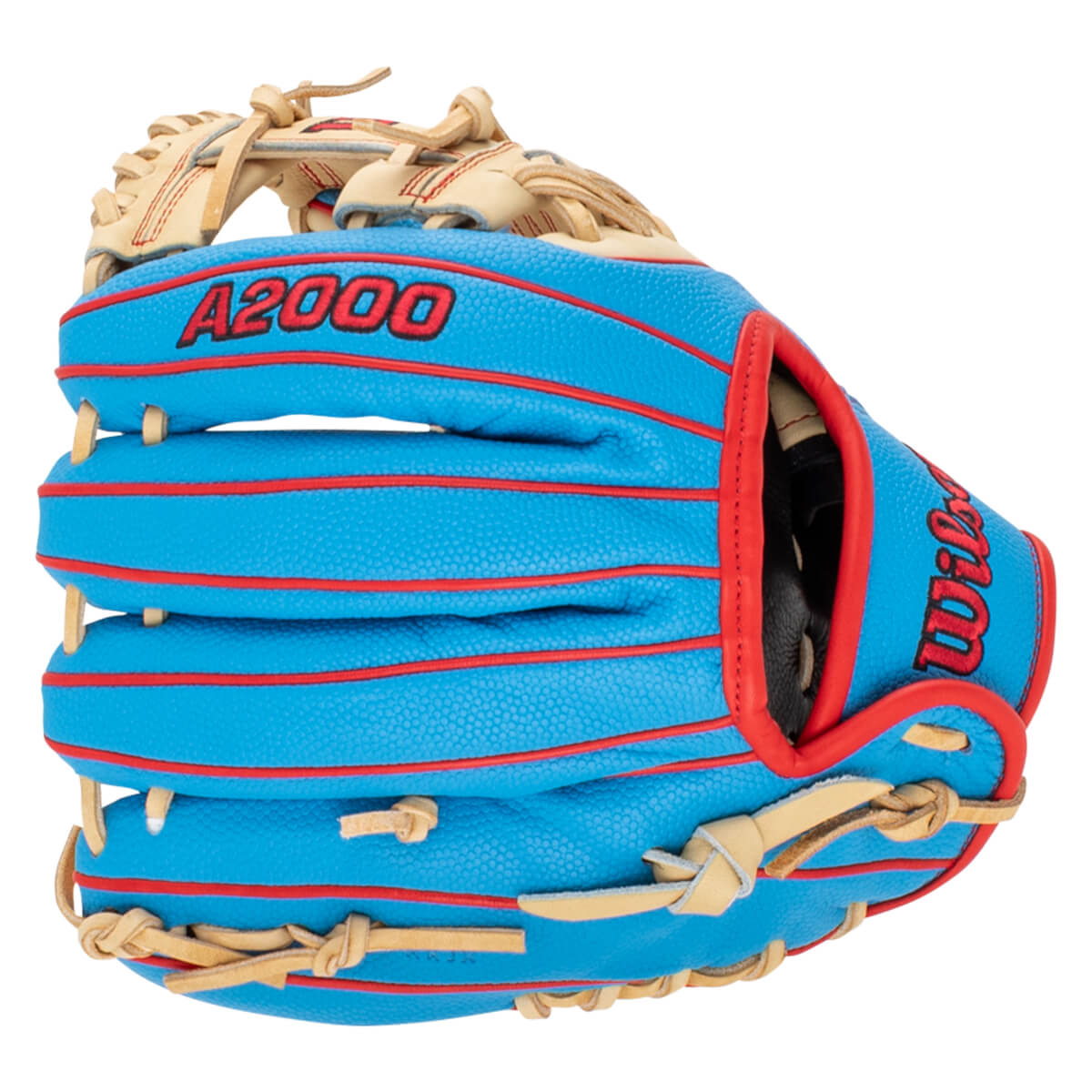 Front view of a blue baseball glove with red lacing, "A2000" text, and "Wilson" logo.