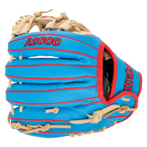 Front view of a blue baseball glove with red lacing, "A2000" text, and "Wilson" logo.