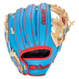Front view of a blue baseball glove with red stitching, "A2000" and "Wilson" logos.