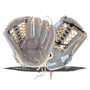 Front view of a gray Wilson A2000 baseball glove with tan lacing and white trim.