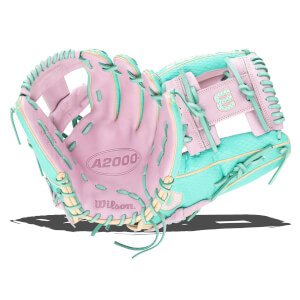Front view of a pink and teal Wilson A2000 baseball glove with "A2000" and "Wilson" text.