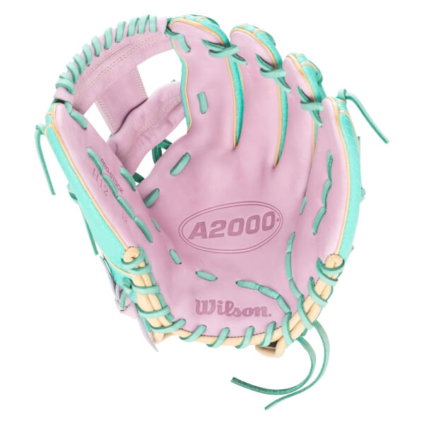 Top-down view of a pink baseball glove with aqua and tan lacing, showing "A2000" and "Wilson" logos.