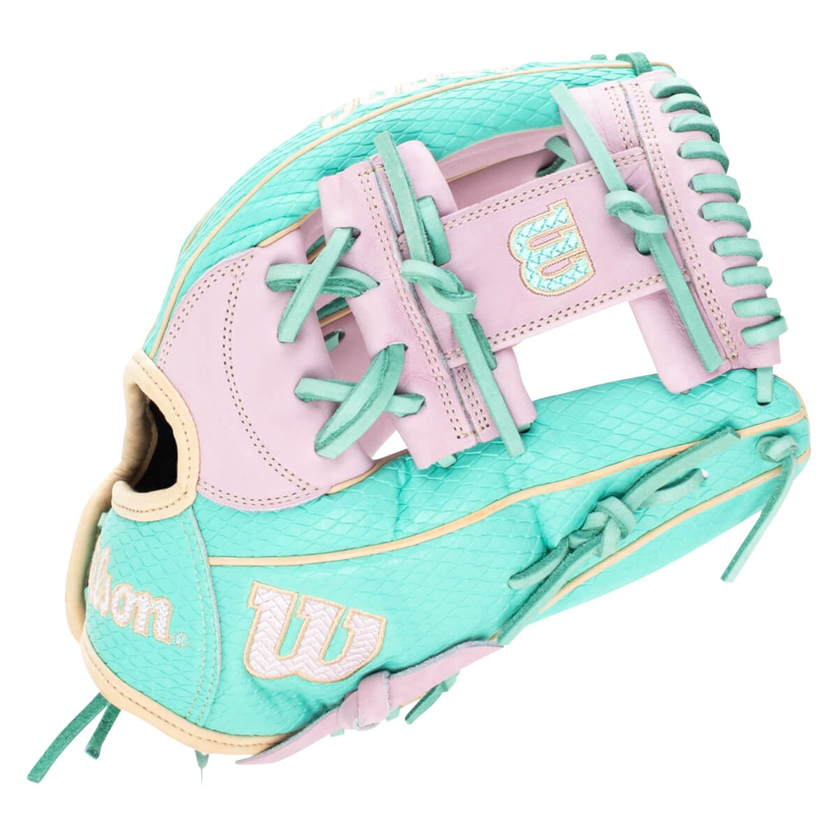 Side view of a teal and pink baseball glove with "Wilson" and a "W" logo.