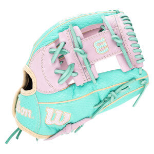 Side view of a teal and pink baseball glove with "Wilson" and a "W" logo.