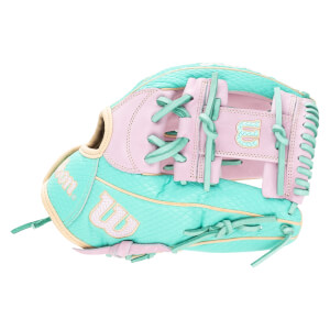 Side view of a teal and pink baseball glove with "Wilson" and "W" logos.