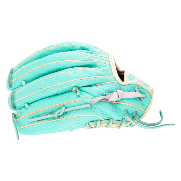 Side view of a teal baseball glove with tan lacing and a pink bow detail.