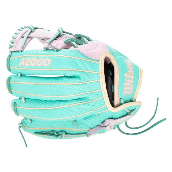 Side view of a teal Wilson A2000 baseball glove with pink accents and cream lacing.