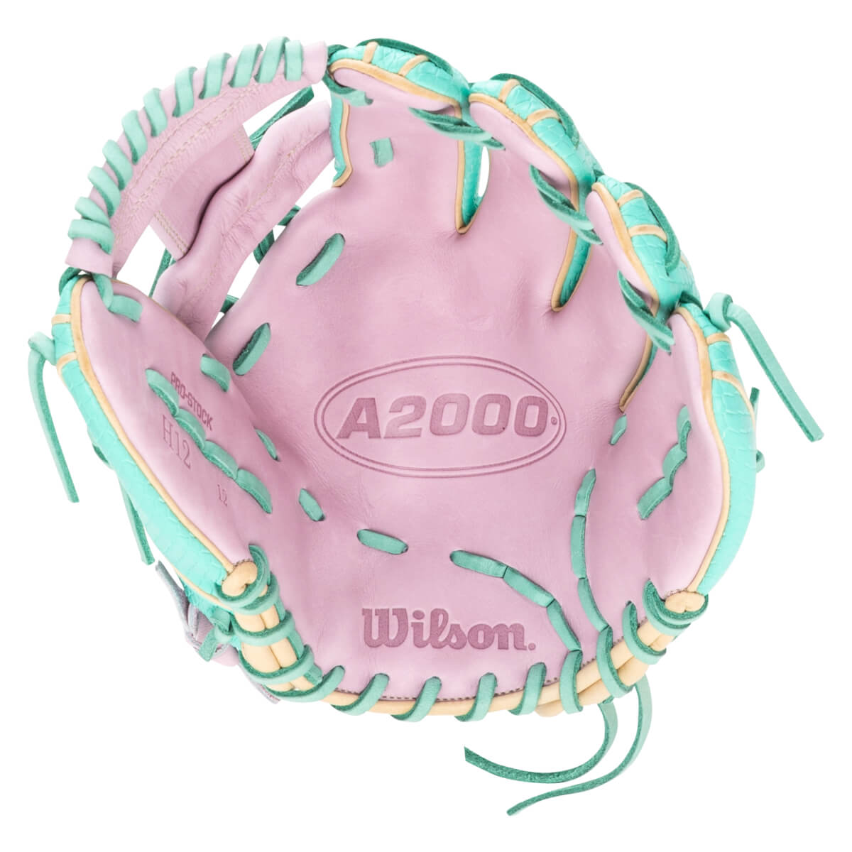Top-down view of a pink baseball glove with teal and tan lacing, showing the "A2000" and "Wilson" logos.