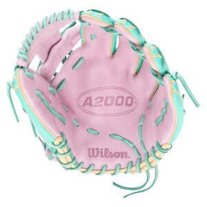 Top-down view of a pink baseball glove with teal and tan lacing, showing the "A2000" and "Wilson" logos.