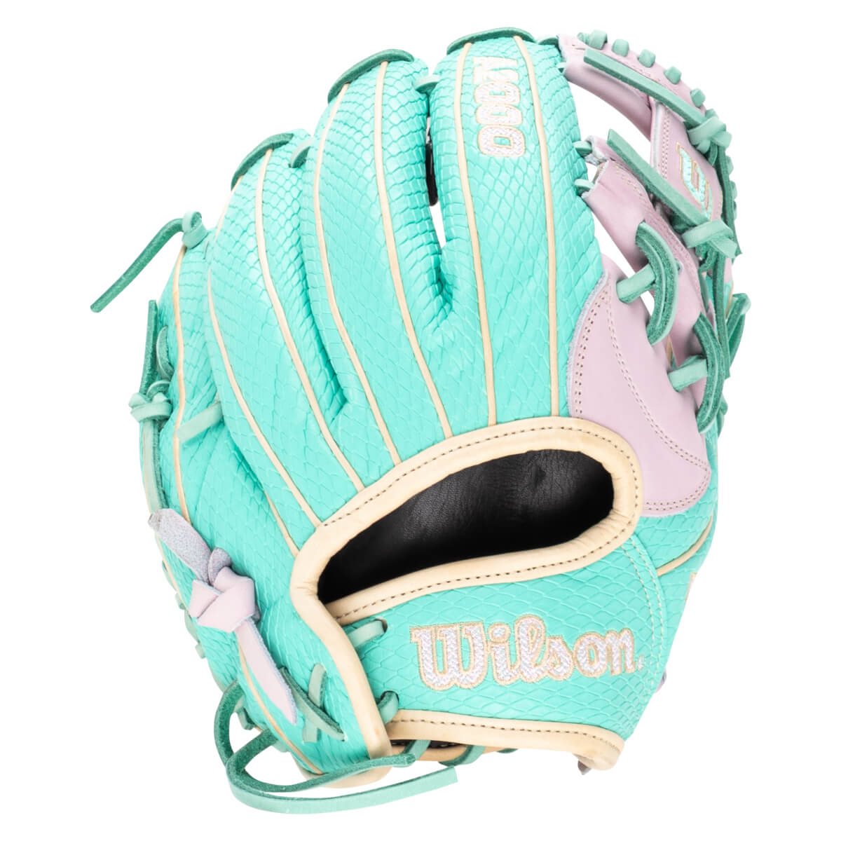 Front view of a teal and pink baseball glove with "Wilson" embroidered in white.