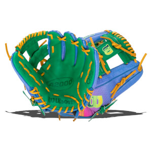 Front view of a Wilson A2000 baseball glove featuring a green palm, blue and pink gradient shell, yellow laces, and Love the Moment branding.
