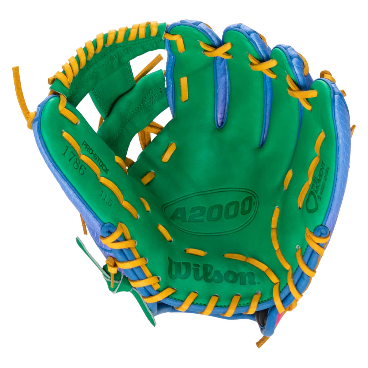 Front view of a green baseball glove with blue trim and yellow laces, featuring "A2000" and "Wilson" in the palm and "1786" on the thumb.