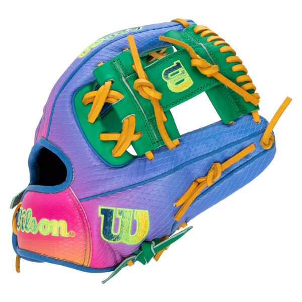 Back view of a gradient pink, purple, and blue snakeskin baseball glove with a green H-web, orange laces, and lime green Wilson logo and name.
