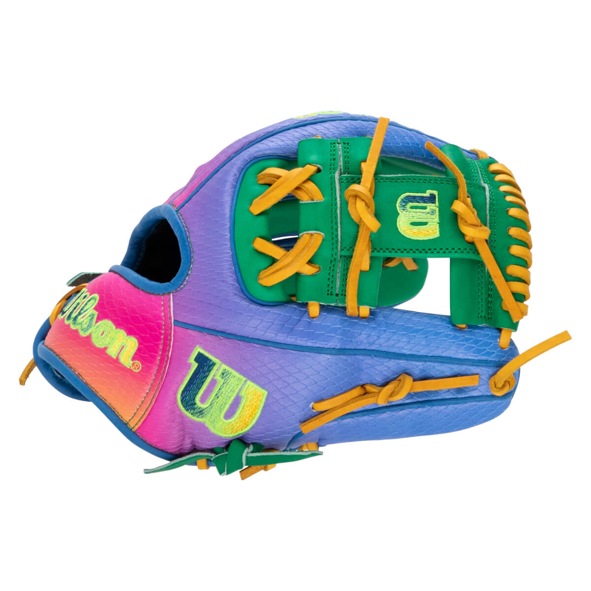 Back view of a Wilson baseball glove with a pink to blue snakeskin gradient, green H-web, yellow laces, and visible yellow Wilson and "W" logos.
