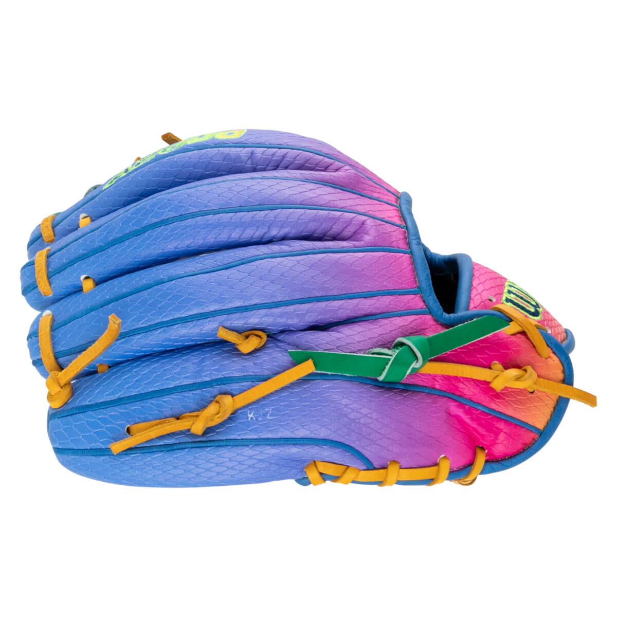 Back view of the baseball glove featuring a blue, purple, and pink gradient snakeskin shell, yellow leather laces, and a green Wilson W logo.