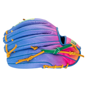 Back view of the baseball glove featuring a blue, purple, and pink gradient snakeskin shell, yellow leather laces, and a green Wilson W logo.