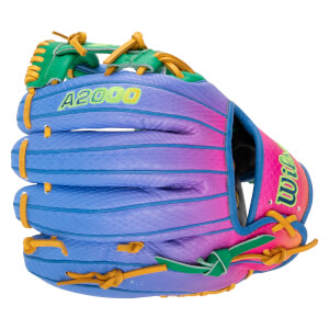 Back view of a colorful baseball glove with a blue-to-pink gradient snakeskin texture, featuring yellow lacing and prominent "A2000" and "Wilson" branding.