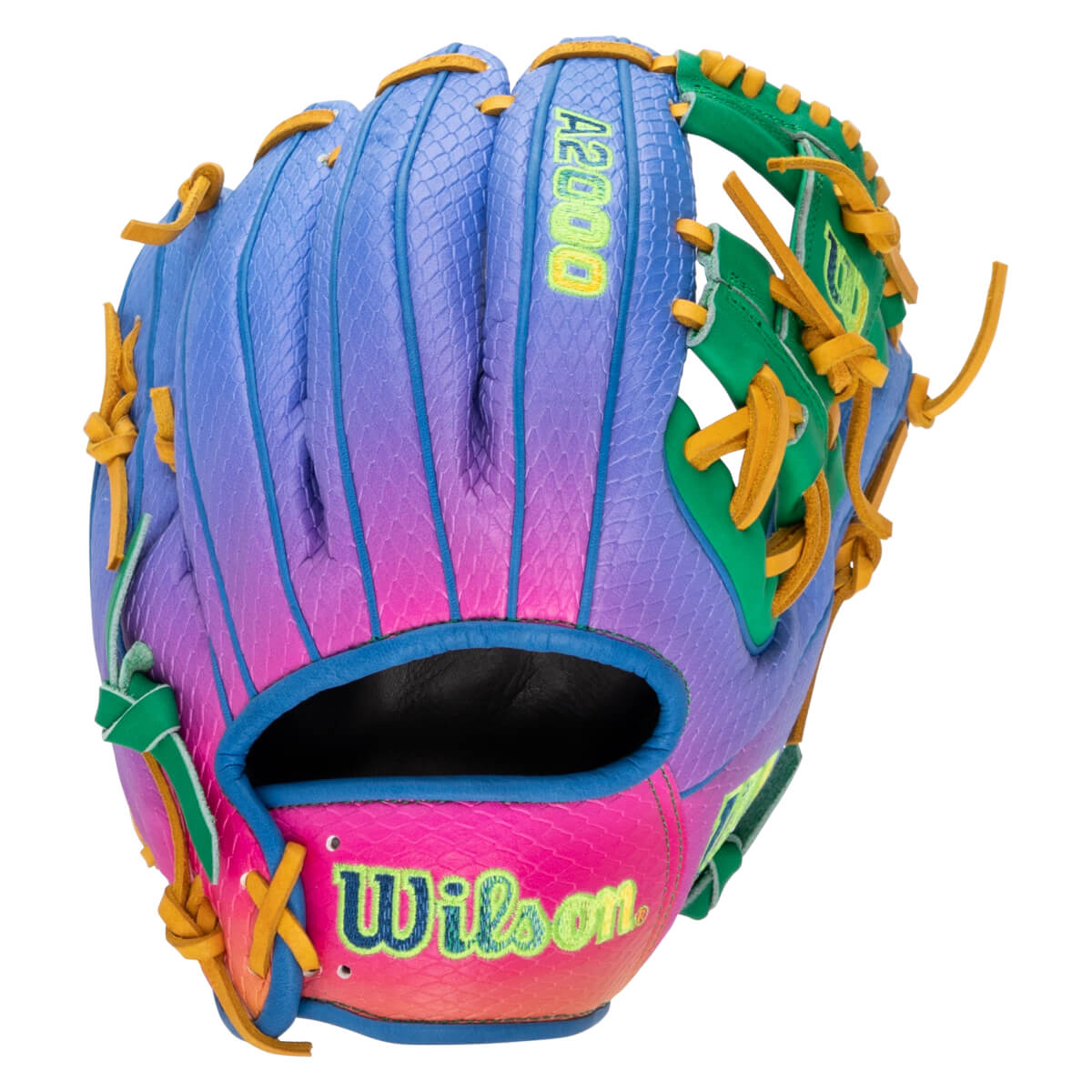 Back view of a baseball glove with a blue, purple, and pink snakeskin gradient, gold laces, and green accents featuring prominent Wilson and A2000 logos.