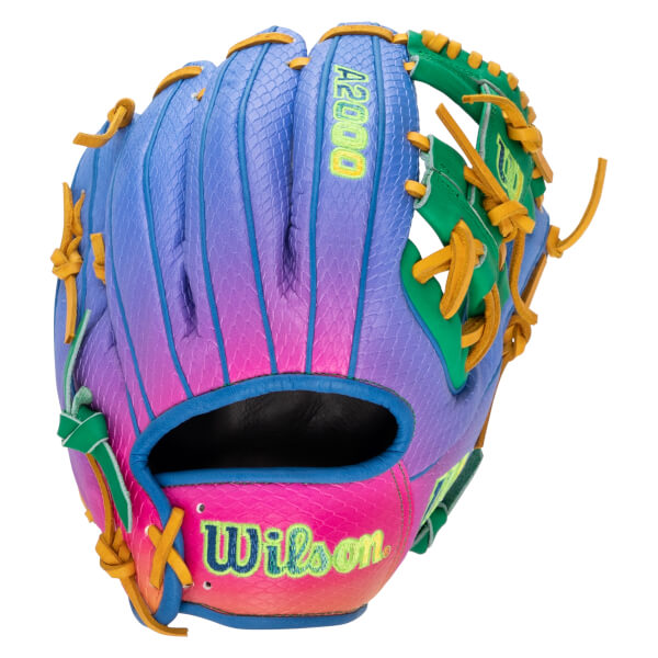 Back view of a baseball glove with a blue, purple, and pink snakeskin gradient, gold laces, and green accents featuring prominent Wilson and A2000 logos.