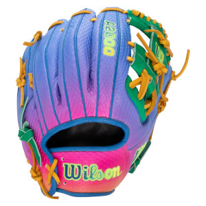 Back view of a baseball glove with a blue, purple, and pink snakeskin gradient, gold laces, and green accents featuring prominent Wilson and A2000 logos.