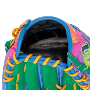Close-up of the wrist opening shows blue trim with yellow laces, rainbow-colored snakeskin leather, and a green interior with a partial green "W" logo.