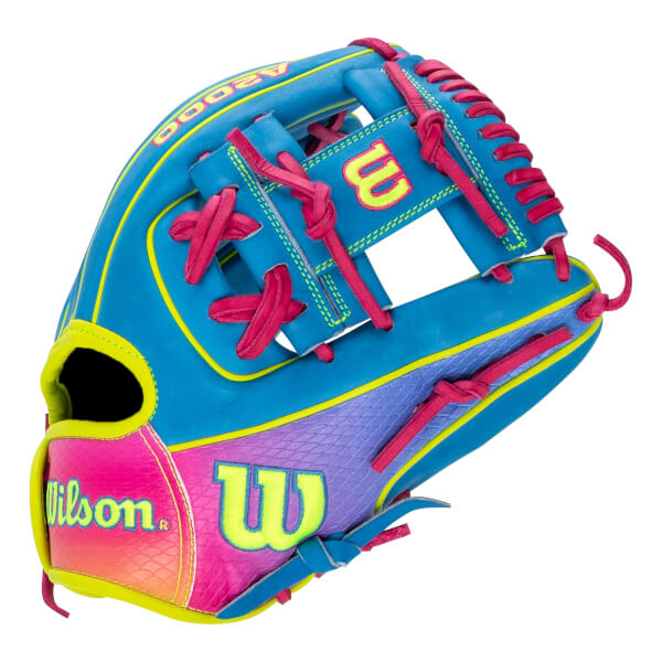 Corner view of a cyan and purple Wilson A2000 baseball glove featuring neon yellow "Wilson" and "W" logos with bright pink lacing.