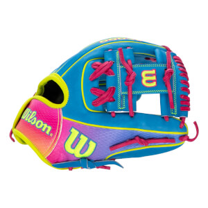 Outer side view of a cyan, pink, and purple gradient baseball glove featuring neon yellow Wilson and W logos with bright pink laces.