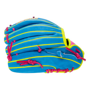 Back view of a vibrant blue baseball glove with yellow piping and pink laces, featuring the yellow A2000 logo across the top finger.