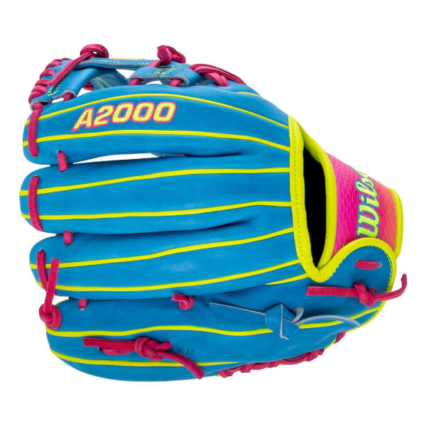 Back view of a bright blue baseball glove featuring yellow piping, pink laces, and the "A2000" and "Wilson" logos.