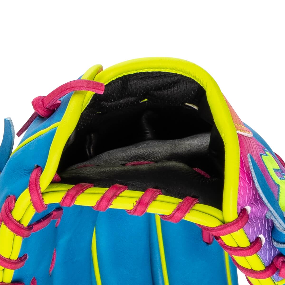 Close-up view of a vibrant baseball glove's hand opening featuring bright blue leather, neon yellow trim, hot pink laces, and a black padded interior.