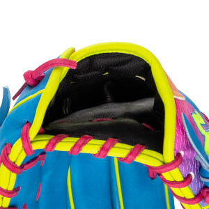 Close-up view of a vibrant baseball glove's hand opening featuring bright blue leather, neon yellow trim, hot pink laces, and a black padded interior.