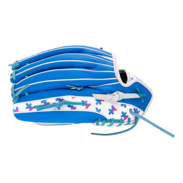 Back view of a blue and white fastpitch softball glove featuring a multicolored puzzle piece pattern on the trim and light blue laces.
