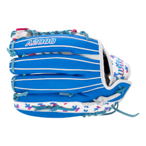 Back view of a blue Wilson A2000 glove featuring white accents with a multi-colored puzzle piece pattern and teal lacing.