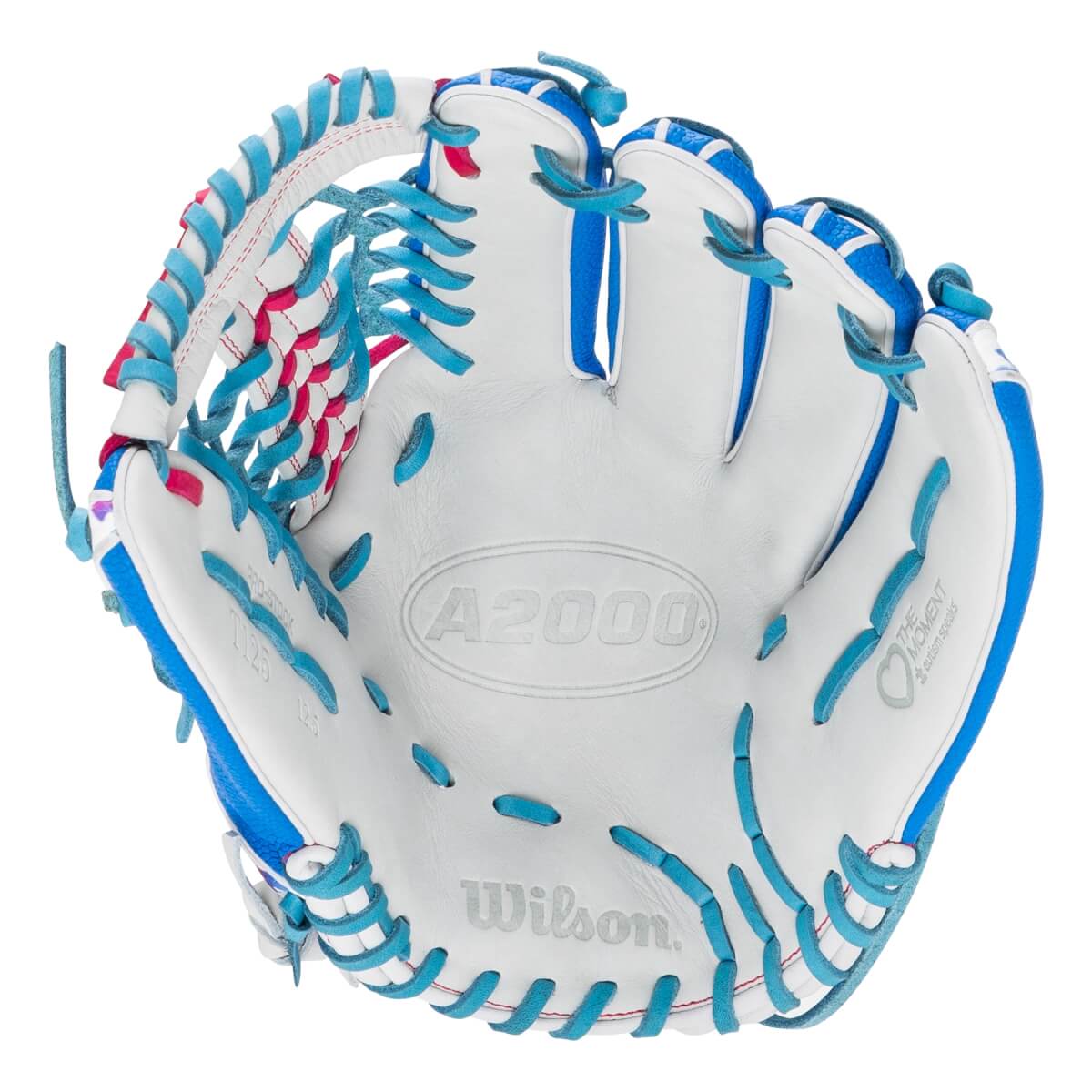 Front view showing the white palm of the glove with light blue lacing, pink accents, and visible "A2000," "Wilson," and "Love the Moment" text.