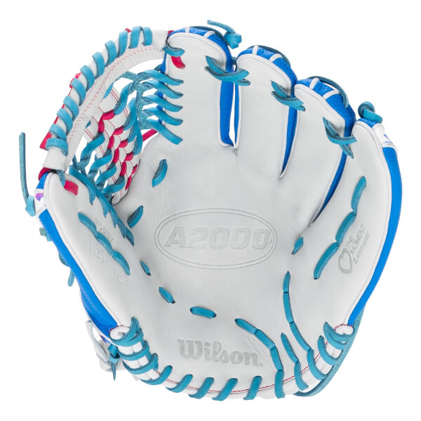 Front view showing the white palm of the glove with light blue lacing, pink accents, and visible "A2000," "Wilson," and "Love the Moment" text.