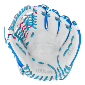 Front view showing the white palm of the glove with light blue lacing, pink accents, and visible "A2000," "Wilson," and "Love the Moment" text.
