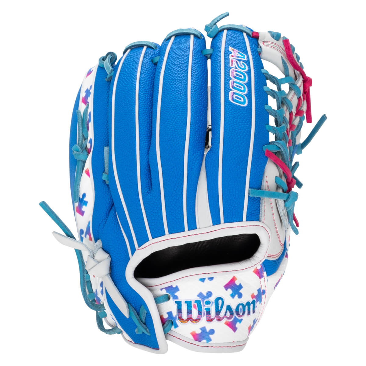 Back view of the blue and white softball glove featuring a puzzle piece pattern with "A2000" on the finger and "Wilson" on the wrist strap.