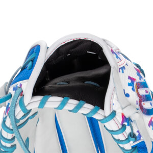 Close-up of the hand opening highlights the black leather interior, teal and white laces, and a colorful shell pattern with a partial Wilson logo.