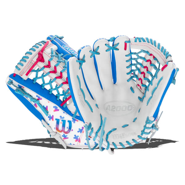 Front view of the softball glove featuring a white palm with "A2000" and "Wilson" branding, blue accents, teal and pink laces, and a colorful puzzle piece pattern.
