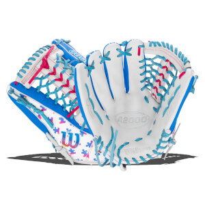 Front view of the softball glove featuring a white palm with "A2000" and "Wilson" branding, blue accents, teal and pink laces, and a colorful puzzle piece pattern.
