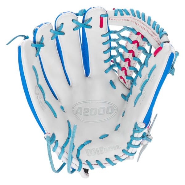 Front view of a white softball glove with light blue laces, pink accents, and the "Wilson," "A2000," "T125," and "Love the Moment" logos visible.