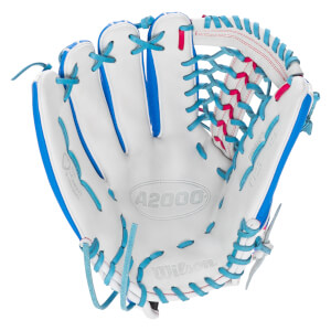 Front view of a white softball glove with light blue laces, pink accents, and the "Wilson," "A2000," "T125," and "Love the Moment" logos visible.