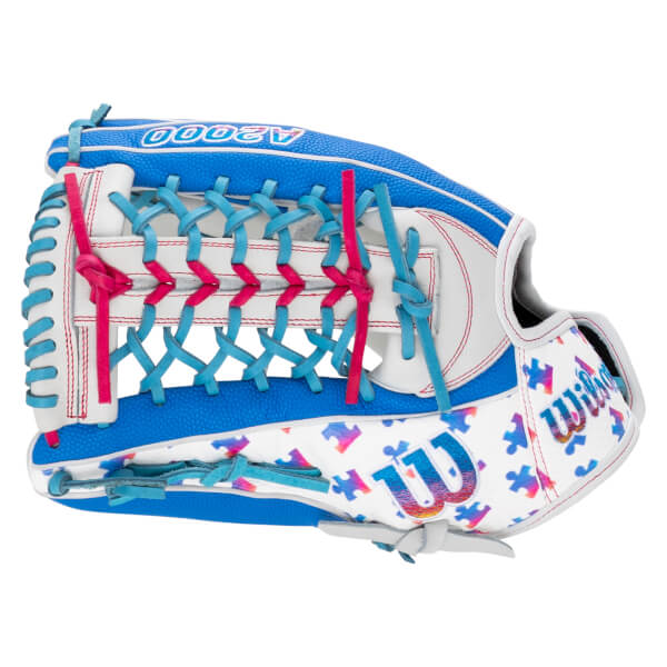 Back view of the Wilson A2000 glove featuring white and blue leather with colorful puzzle pieces, pink and blue laces, and Wilson branding.