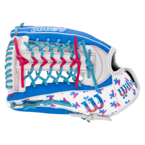 Back view of the Wilson A2000 glove featuring white and blue leather with colorful puzzle pieces, pink and blue laces, and Wilson branding.