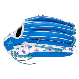 Back view of a blue and white softball glove featuring teal laces and a pattern of multi-colored puzzle pieces on the white leather sections.