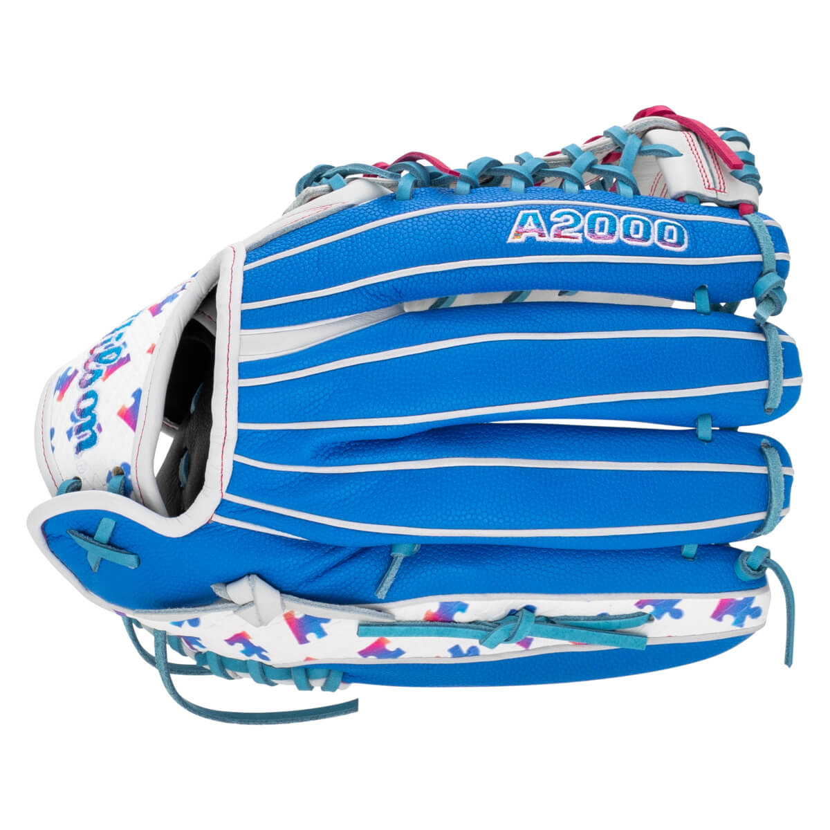 Back view of a blue softball glove featuring white pinstripes, "A2000" branding, and colorful puzzle piece patterns on the white leather trim.